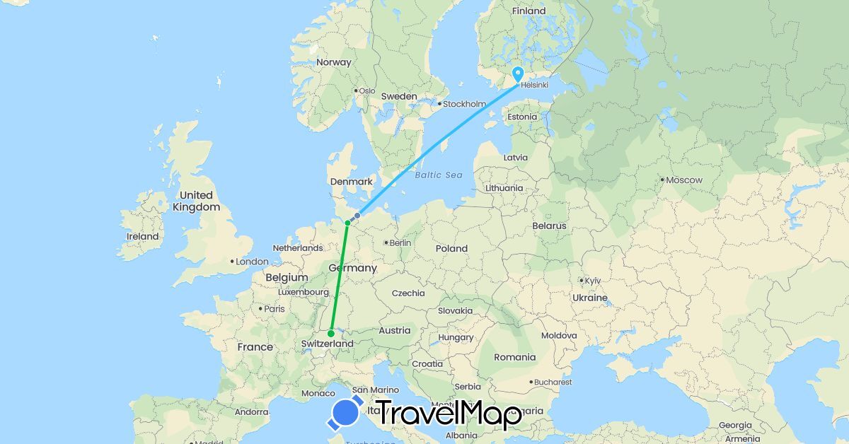TravelMap itinerary: driving, bus, cycling, boat in Switzerland, Germany, Finland (Europe)
